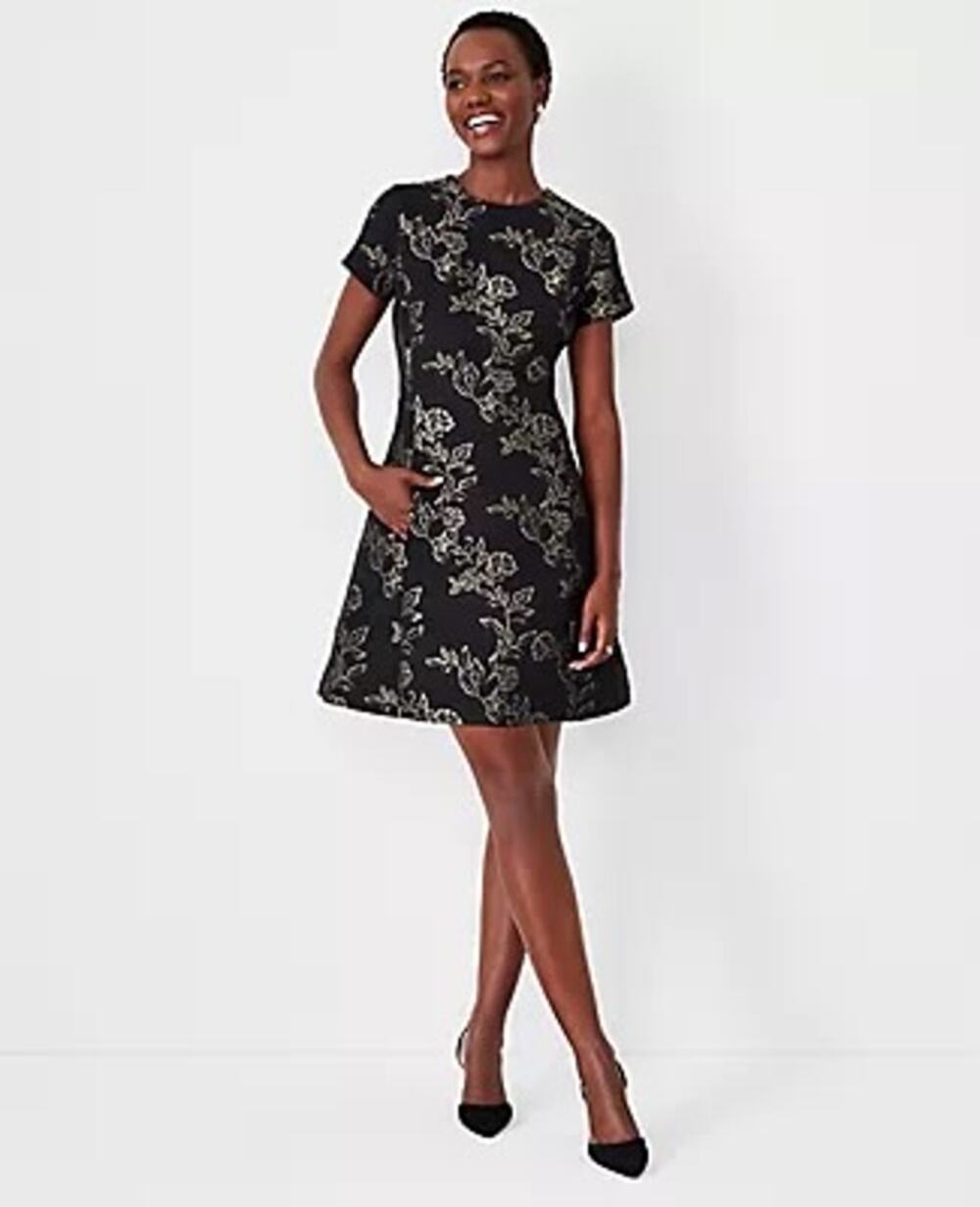 NWT Ann Taylor Black Gold Floral Jacquard Fit Flare Cocktail Dress